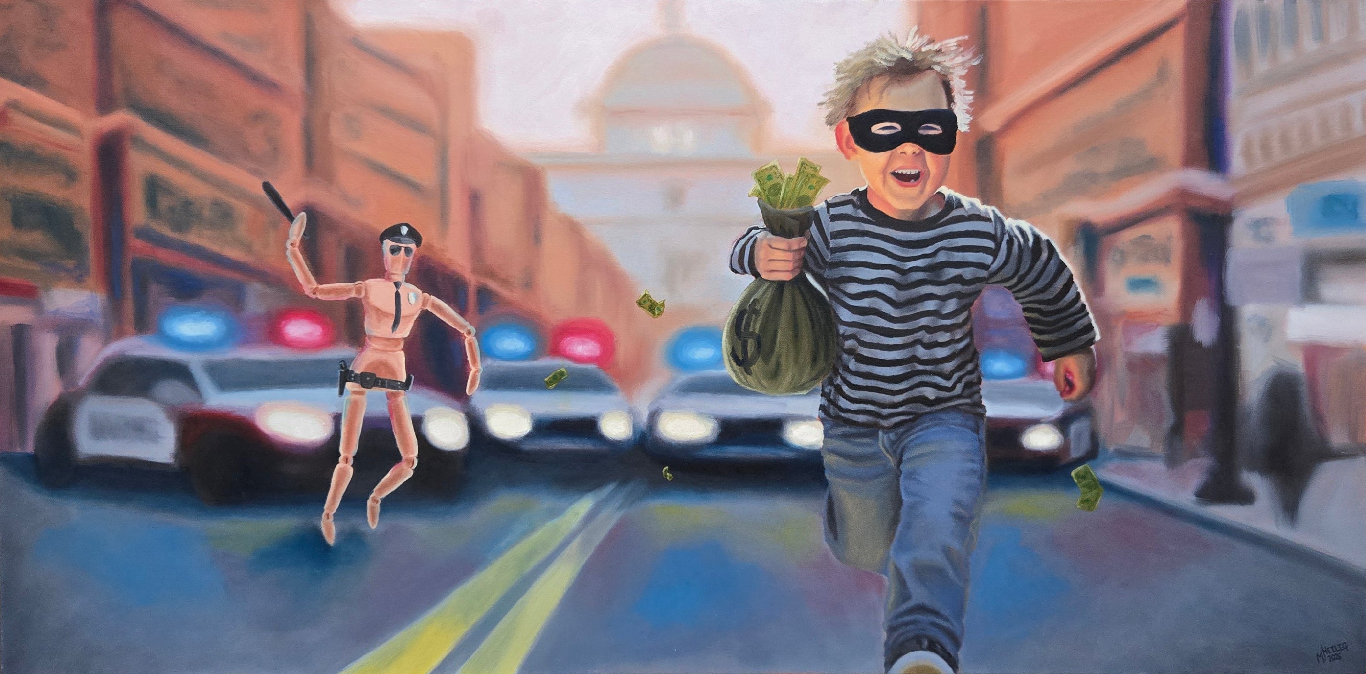 Child in a striped shirt and mask running on a city street with police cars and a superhero figure.